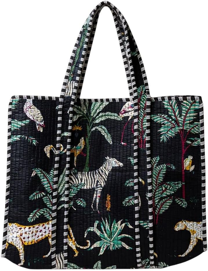 Quilted Cotton Tote Bag, Jungle Flower Safari Tropical Print, Large, Double Handle, 18x6x18 Inches, Unisex