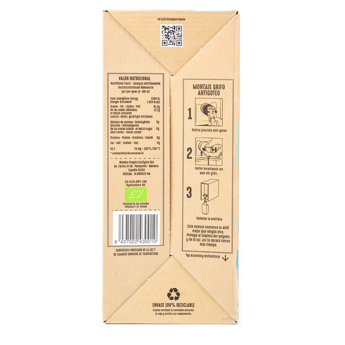 NOMBRE PROPIO EVOO Arbequina Huile d'olive vierge extra bio - 100 % espagnole - Format bag-in-box pratique - 3 L (Picual Arbequina) - Riche en polyphénols