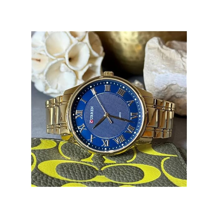 CURREN 8409. Reloj de Cuarzo clásico de Caballero con Correa de Acero Inoxidable Dorado y Esfera Azul con números Romanos - Imagen 4