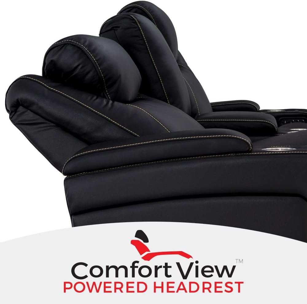 Close-up of the Seatcraft Vienna Loveseat's powered headrest in an adjusted position, showing its ergonomic design.