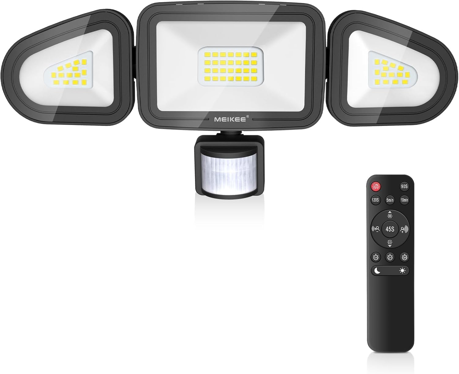MEIKEE 42W Faretto con Sensore di Movimento 3600LM 6500K Bianca Fredda IP66 Impermeabile con Telecomando 10 Luminosità 4 Modalità 3 Timer Faro led da Esterno per Giardino Cortile Garage