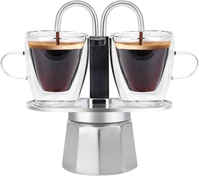 MVPLUE-Mini Express Double Tube Moka Pot Aluminum Silver,Share fresh delicious coffee with a friend