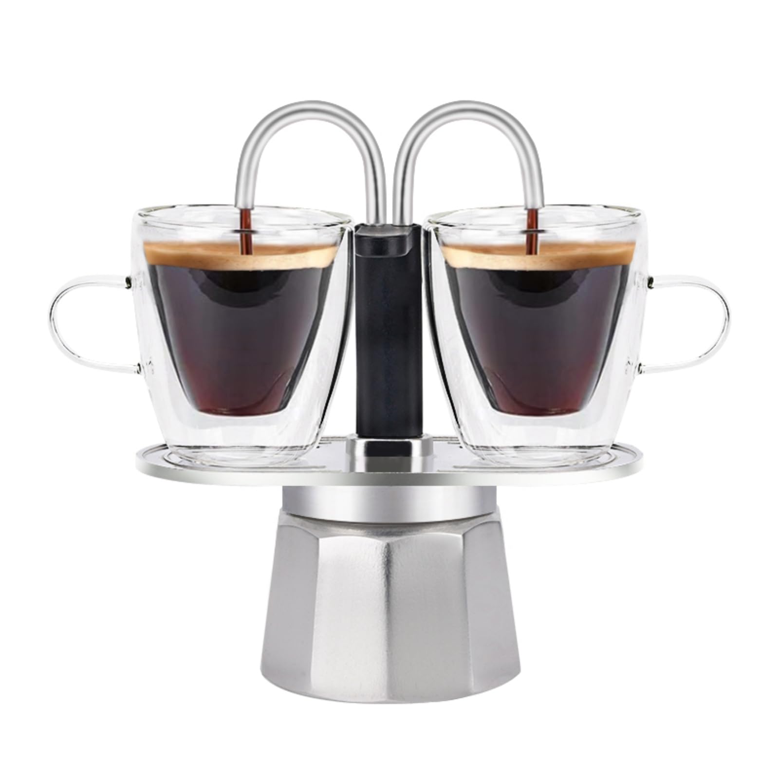 MVPLUE-Mini Express Double Tube Moka Pot Aluminum Silver,Share fresh delicious coffee with a friend
