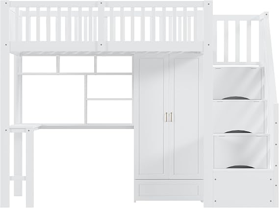 Bunk Bed 90 x 200 cm with Wardrobe Desk and Stairs Children's Beds Storage Bed for Children Functional Bed Bunk Bed Youth Bed without Mattress