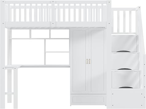 Bunk Bed 90 x 200 cm with Wardrobe Desk and Stairs Children's Beds Storage Bed for Children Functional Bed Bunk Bed Youth Bed without Mattress