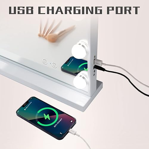 Miniatura 8 de COOLJEEN Espejo de tocador con luces, espejo Hollywood con 15 bombillas regulables y puerto de carga USB, espejo de maquillaje iluminado de 3