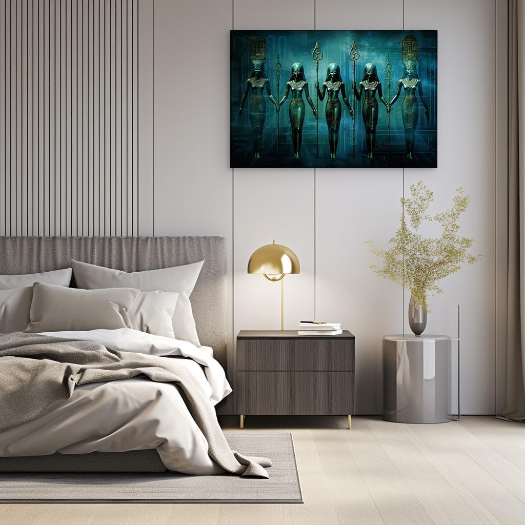 Canvas for Living room. Mystic Guardians at Twilight: The Majestic Assembly of Egyptian Goddesses in Emerald Hues, 27 x 18 inch Canvas Wall Art - Ready to Hang - 69x46 cm (27x18 inch)