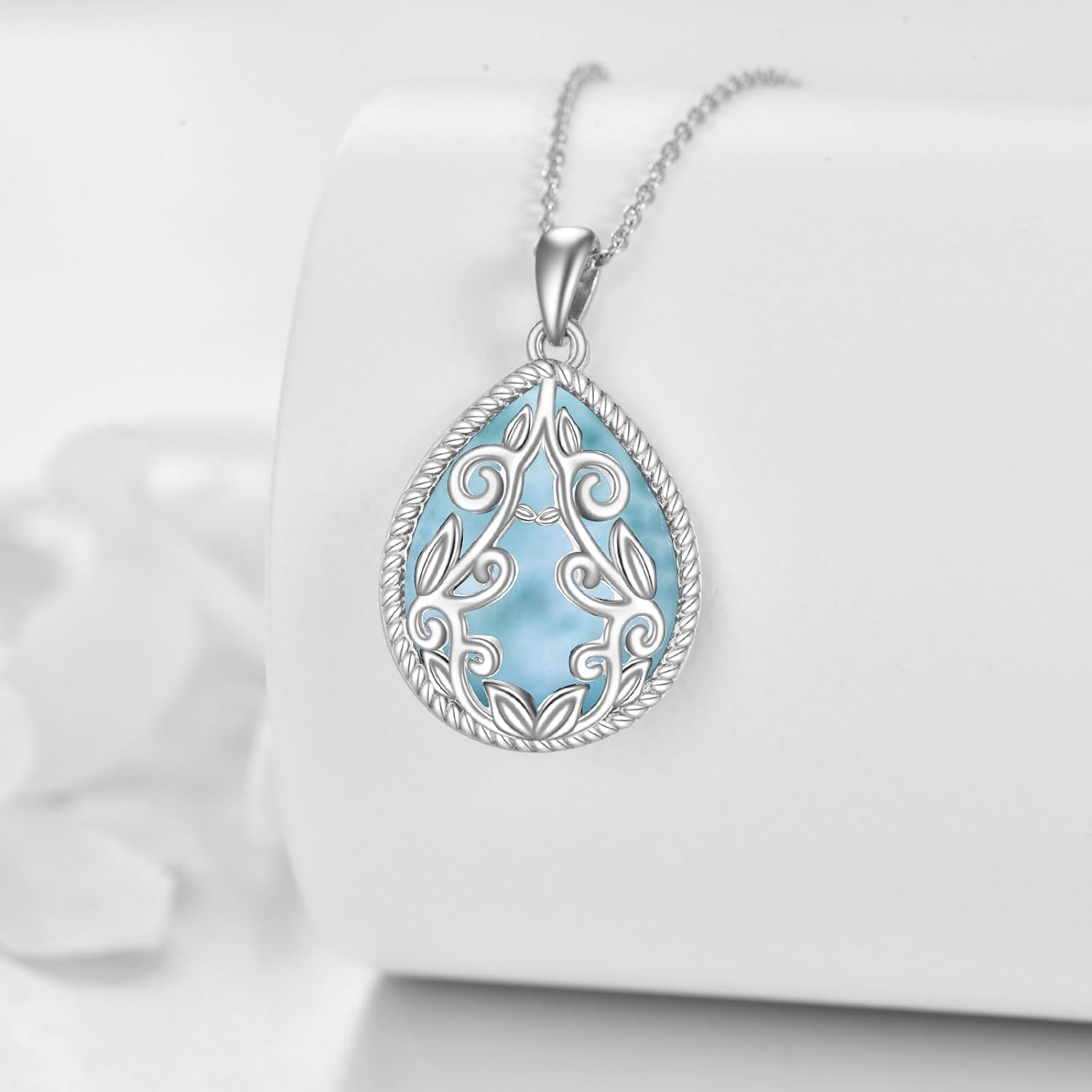 YAFEINI Filigree Teardrop Necklace 925 Sterling Silver Moonstone/Lapis Lazuli/Larimar/Pink Opal Pendant Necklace Jewelry Birthday Gifts for Women Grandmother - Image 3