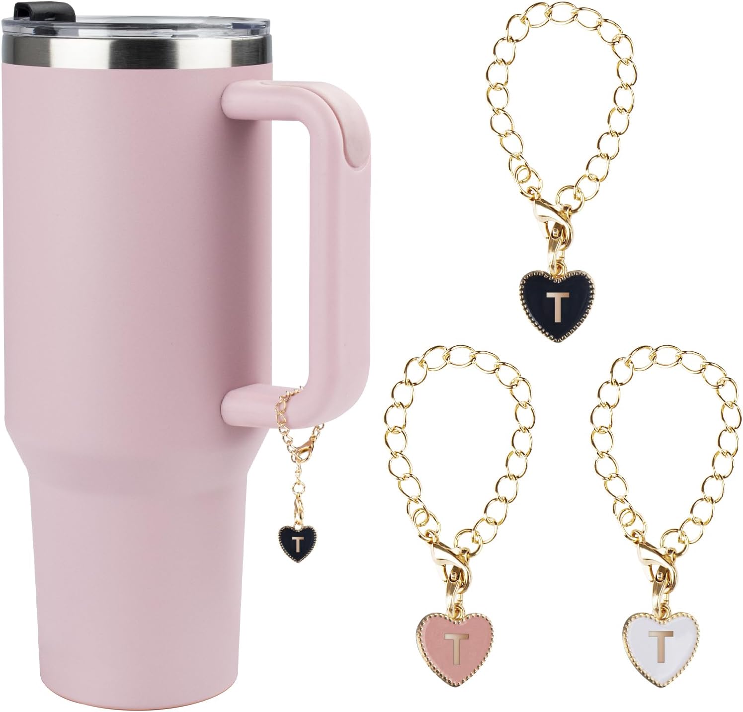 StarSpeed Letter Charms Accessories for Stanley Cup, 3Pcs Heart Alphabet Pendant Personalized Initail Name ID Decor Set for Stanley Tumbler with Handle(3pcs,T)