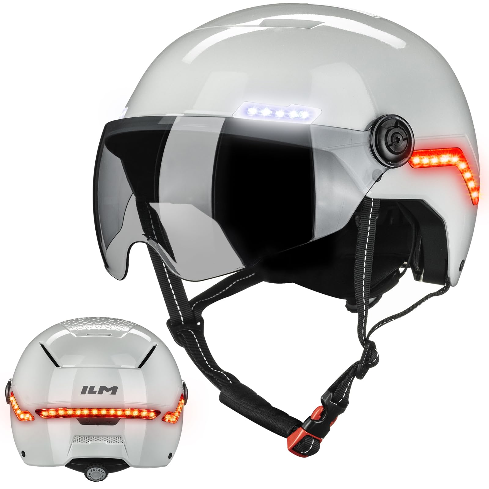 ILM Smart Bike Helmet Men Women Automatic G-Sensor Turn Signal & Brake Warning Cycle Helmets with Visor Front Side Rear LED Lights Road Cycling Model MB101L,Beige Gray,L/XL