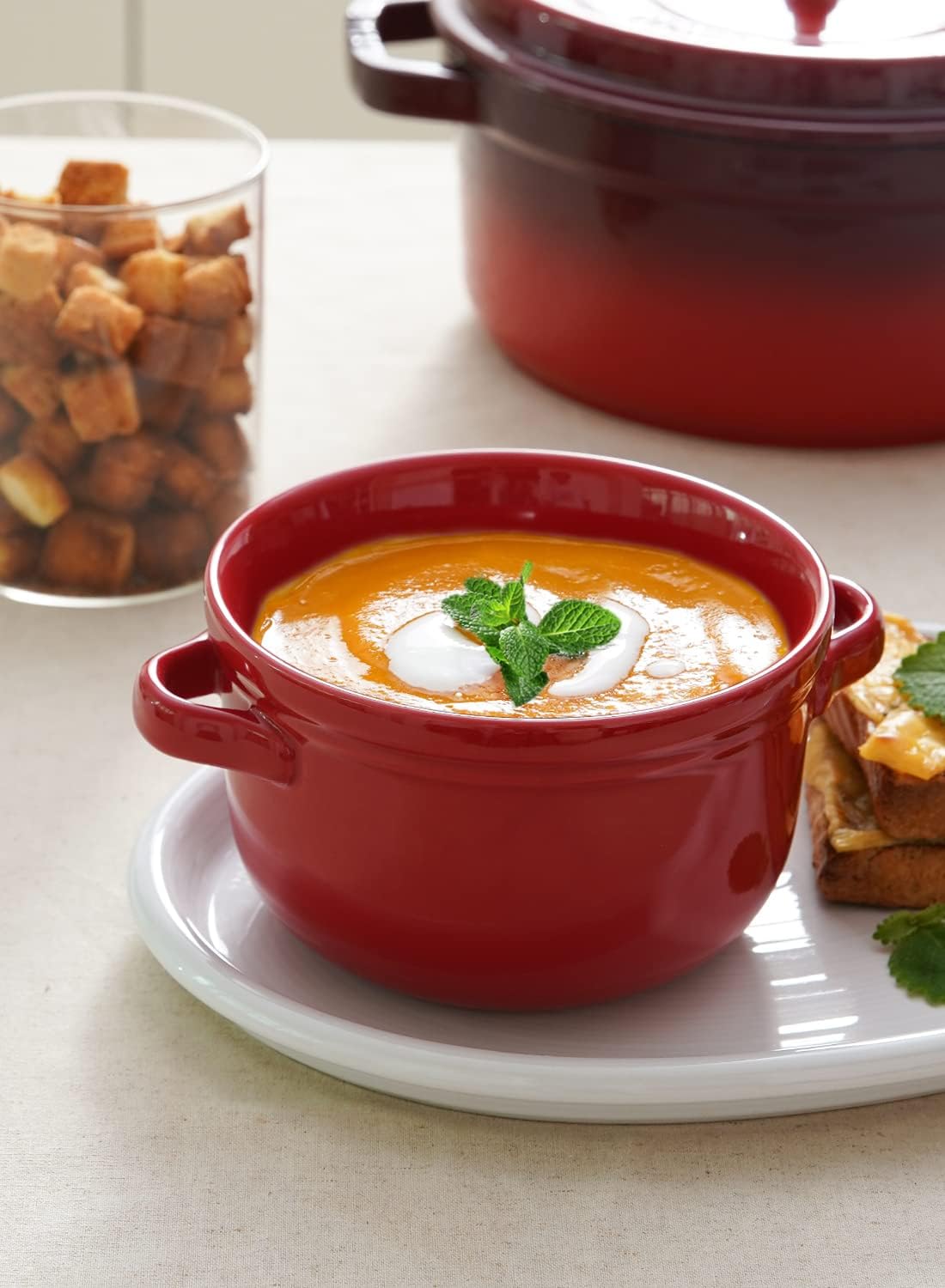  | LE TAUCI Soup Bowls with Handles, 28 Oz Ceramic French Onion Soup Bowls, Large Soup Crocks Oven Safe for Stew, Onion, Soup, Chilli, Set of 4, Red: Soup Bowls