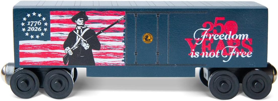 250th Anniversary “Minuteman” Wooden Train Car – Revolutionary War Commemorative Wooden Railway Car, Compatible with Major Railway Systems, Handcrafted Collectible Toy Train