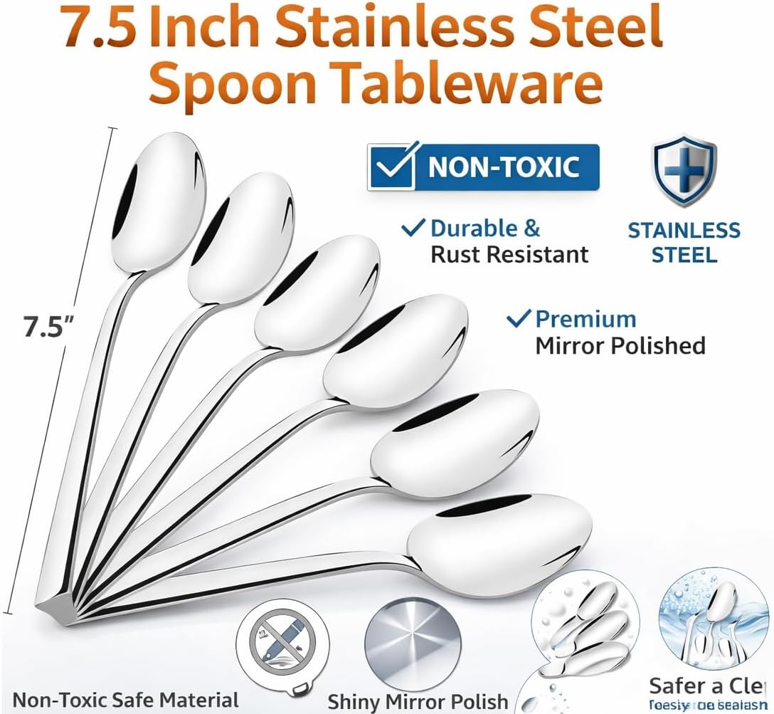 Dinner Spoon, 7.5 Inch Stainless Steel Soup Spoon for Home, Kitchen or Restaurant, Non-toxic & Mirror Polished, Squared Edge & Dishwasher Safe (12 Pcs Spoons)