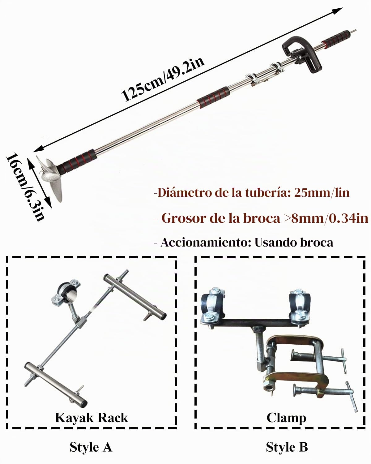 Motor Fueraborda Batería para Motor Eléctrico de Arrastre para Barco de Pesca, Motor Eléctrico Fueraborda para Tabla de Paddle Surf, Motor de Kayak Portátil(With Bracket,L-125cm(49 1/4"))