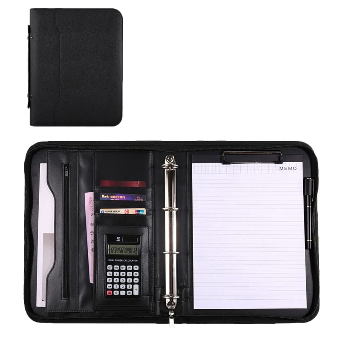 Porte Documents A4 Conférencier, Portefeuille en Cuir PU avec Fermeture éclair et Calculatrice pour Entretien Professionnel, CV, Portefeuille d'affaires pour Hommes et Femmes