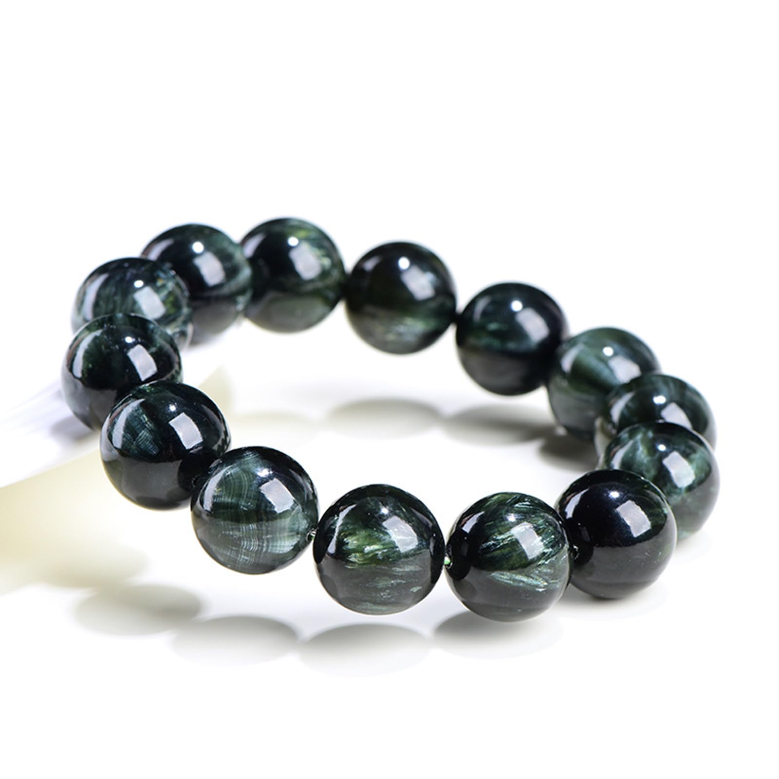 Bracciale con Perline di serafinite Verde Naturale - Bracciale Elasticizzato Unisex in Cristallo di Drago Verde per Meditazione, Yoga e guarigione Spirituale,14~14.8mm