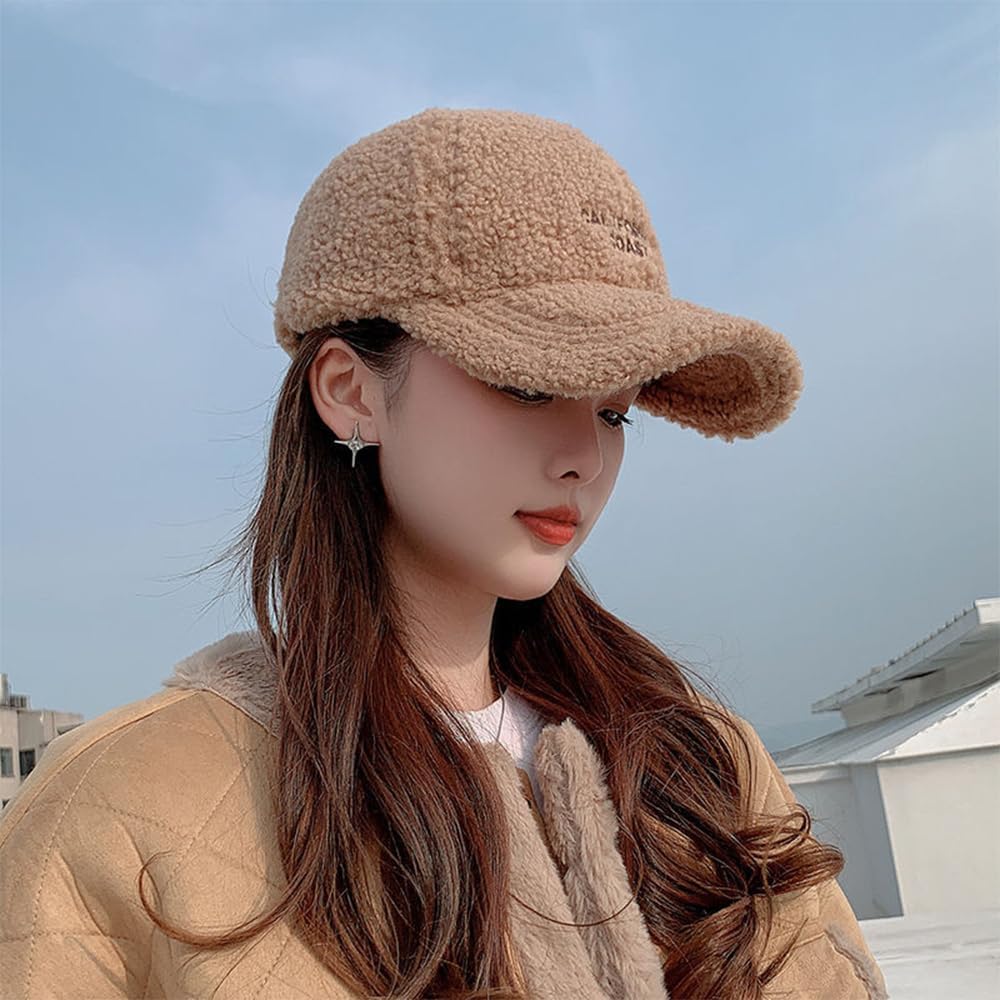 Women's Winter Fuzzy Baseball Cap Adjustable Solid Color Teddy Fleece Faux Lamb Wool Warm Baseball Hat for Outdoor Travel - Image 6