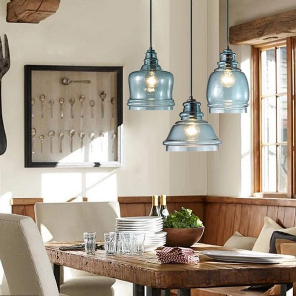 Farmhouse Lighting Fixture Kitchen Island Hanging Light with Handblown Hammered Glass Shade, Dining Room Blue Drop Ceiling Lamp Modern Geometric Mini Chandelier/B