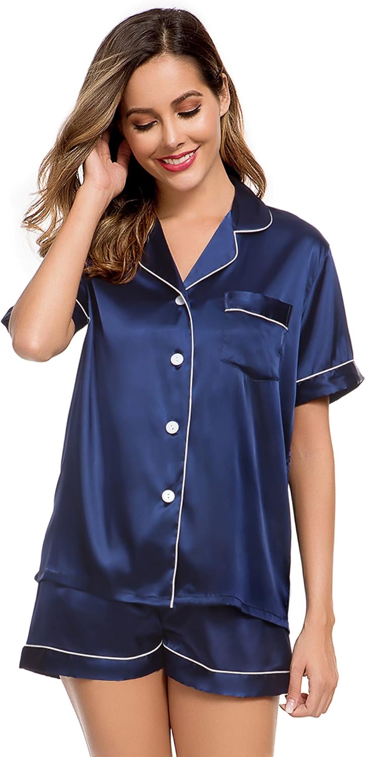 LecGee Womens Silk Satin Pajamas Short Sleeve Loungewear Two-Piece Sleepwear Button-Down Pj Set image 3