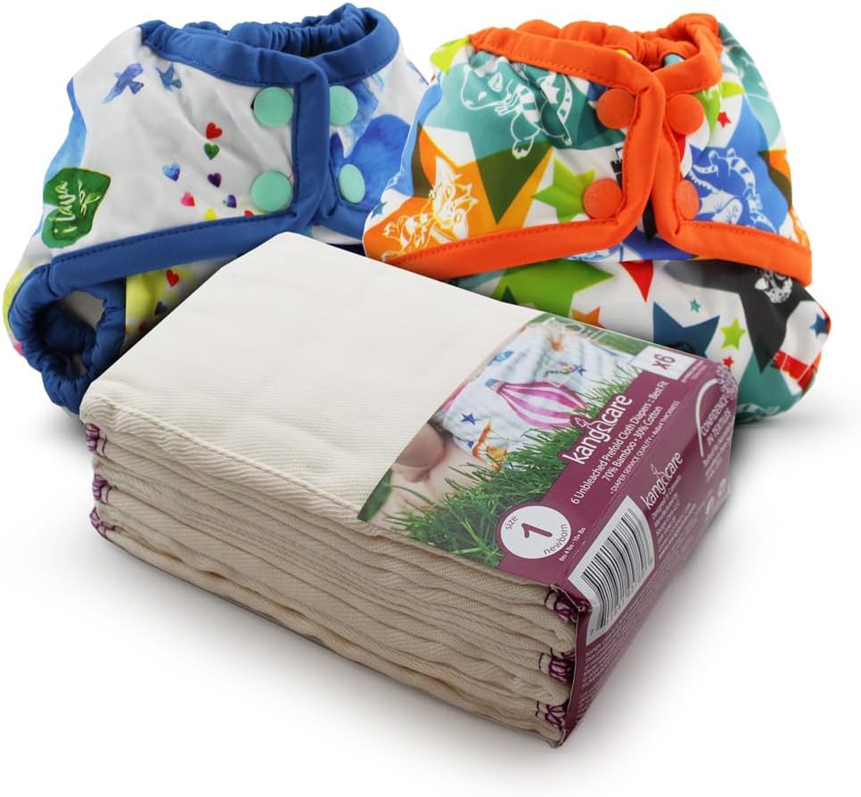 KANGA CARE Prefold Size 1 Cloth Diaper Set Reusable Unbleached Viscose of Rayon from Bamboo 6 Pack + 2 Waterproof Rumparooz Newborn Diaper Cover Baby Neutral