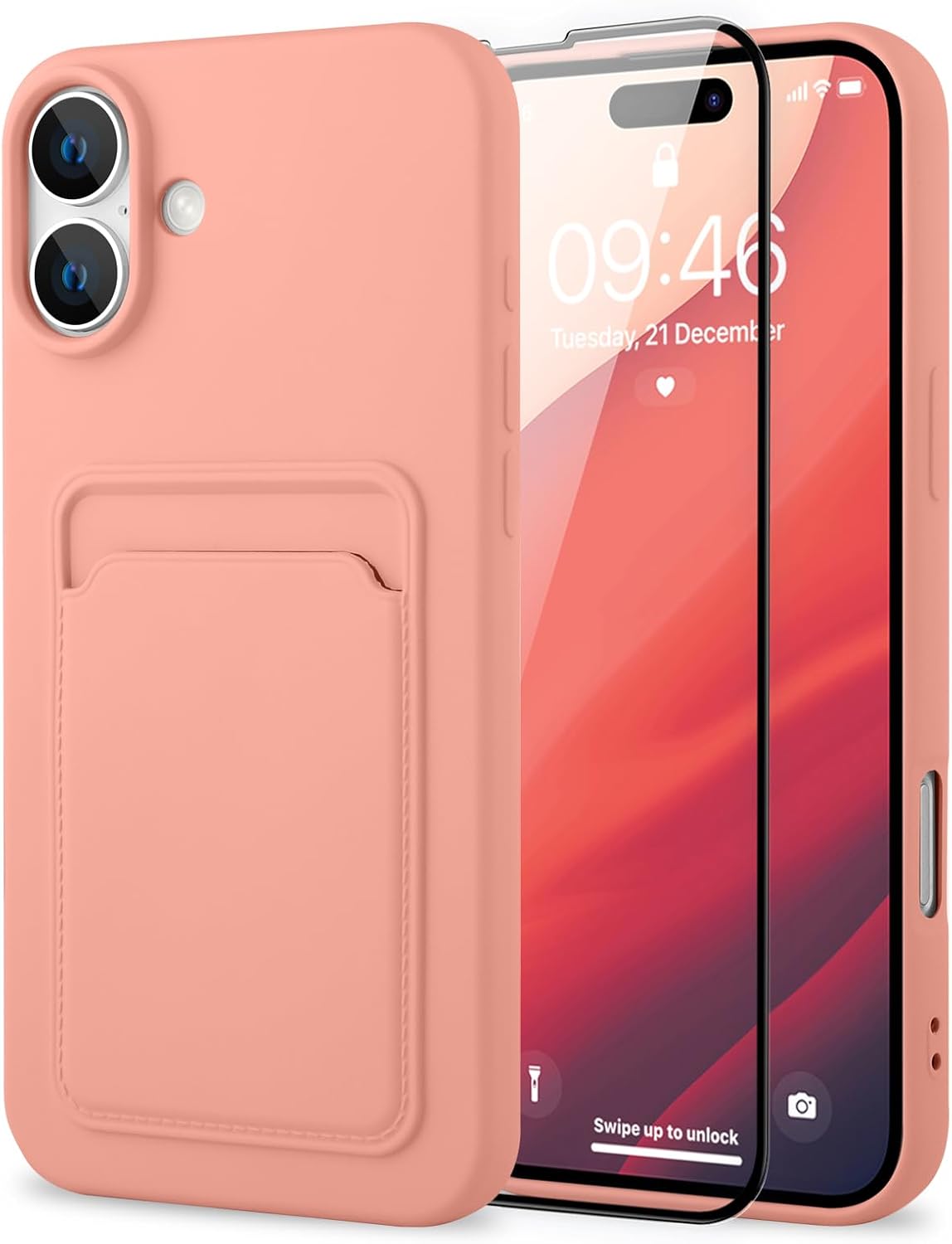 MZELQ Compatible with iPhone 16 Case TPU Card Holder Wallet Cover,Camera Protection + Screen Protector Soft Card Slot Phone Case -Pink