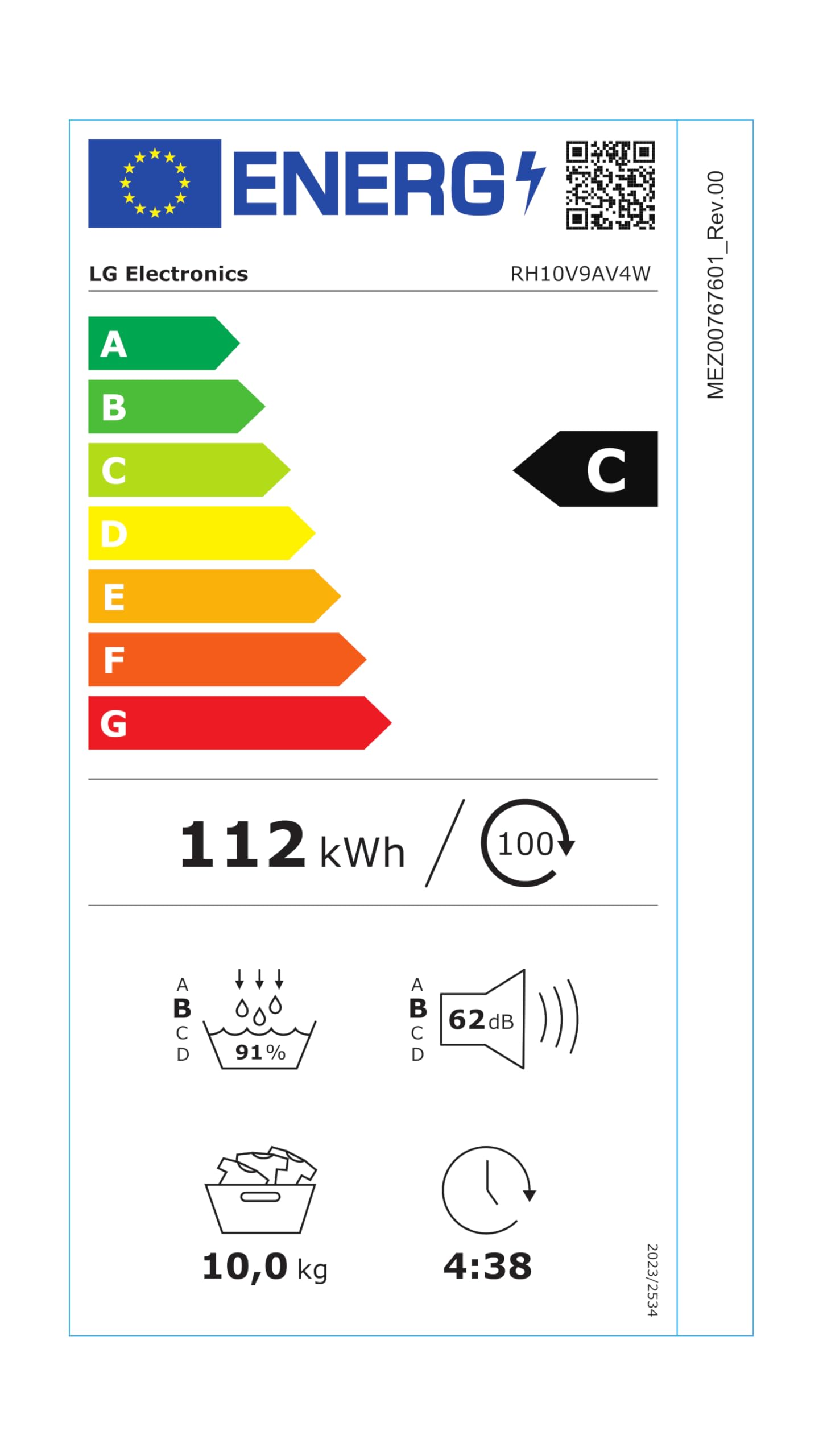 LG RH10V9AV4W Asciugatrice Smart a Carica Frontale 10kg, Serie V9, Classe C, Condensazione con Pompa di calore DUAL Inverter, Eco Hybrid, Condensatore autopulente, Allergy Care, Wi-Fi, Bianca