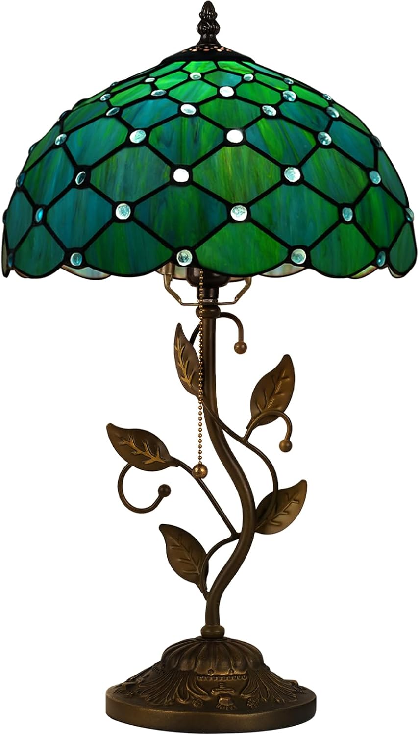MOAN Table Lamp Stained Glass Lamp 12X12X19 Inch Bedside Reading Light Metal Leaf Base(Sea Blue Pearl Style)