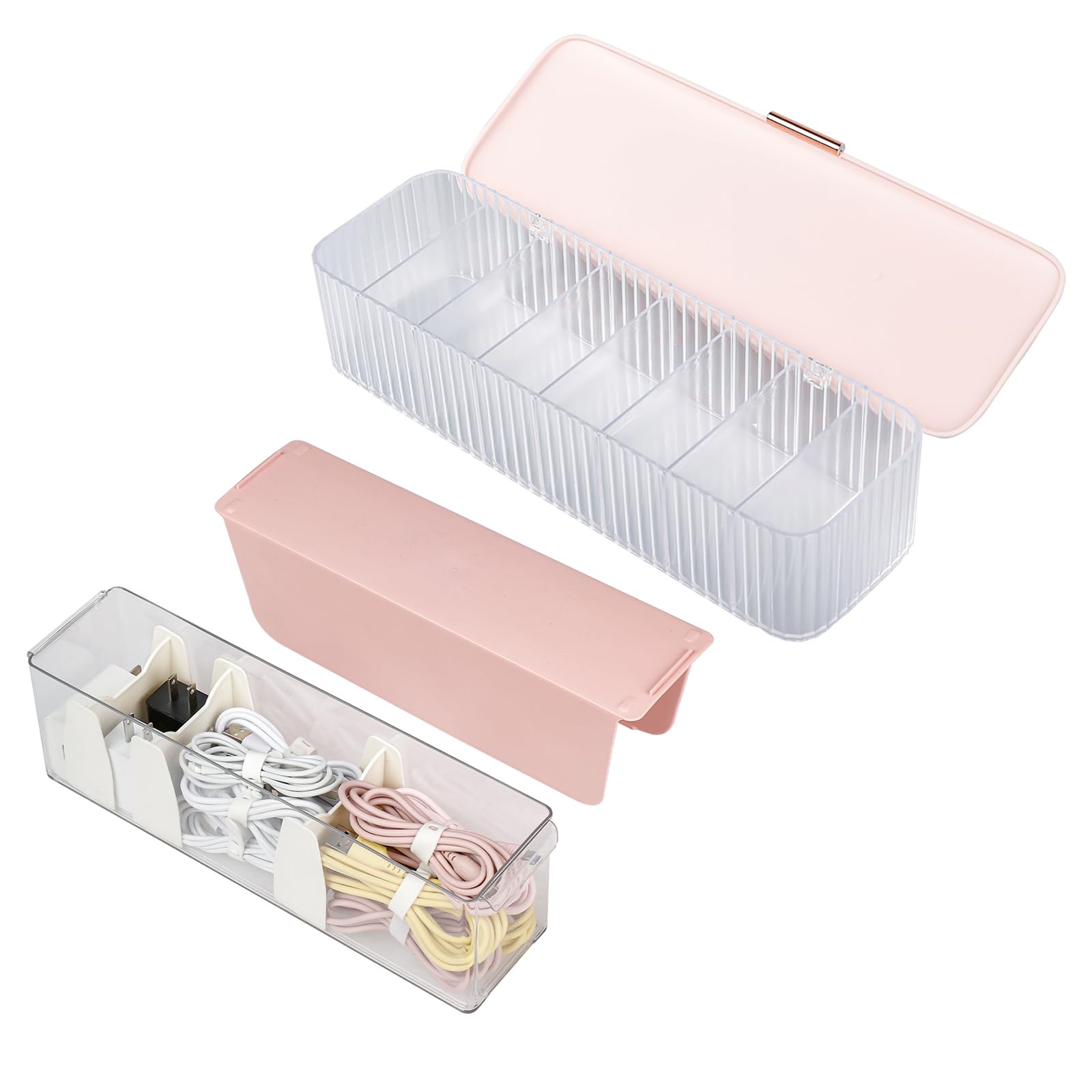 Yesesion 2 Pack Pink Cord Organizer Box with Lid and Wire Ties, Plastic Cable Storage Case for Desk Drawer, Phone Charger