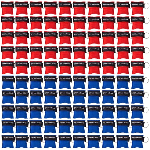 100 Packs CPR Pocket Mask, Portable CPR Face Shield Keyring with One Way Valve Breathing Barrier for First Aid or AED Training(Blue and Red)