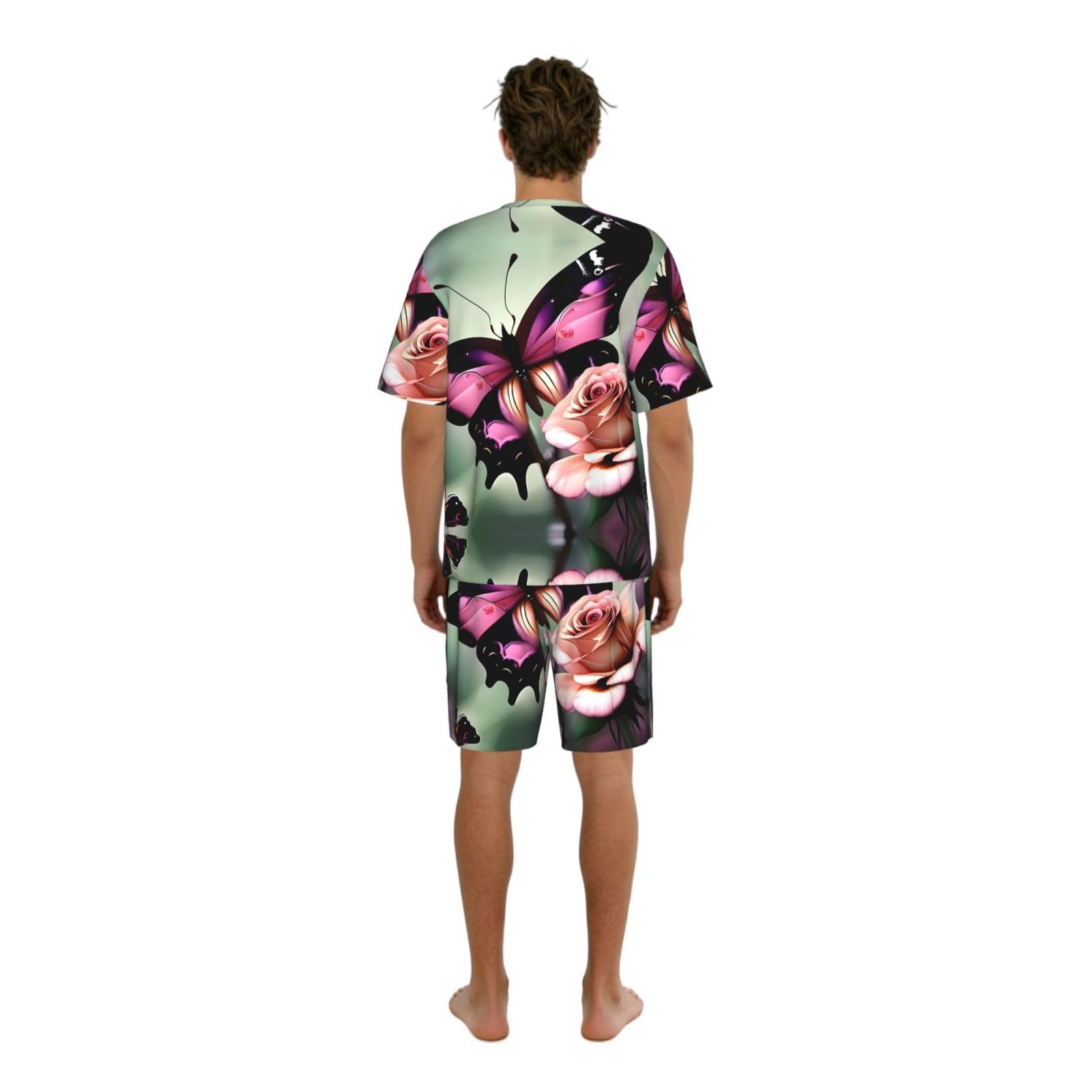 Conjunto de pijama clásico con estampado de flores y mariposas para hombre, pantalones cortos de pijama suaves para hombre, perfecto para las noches de verano