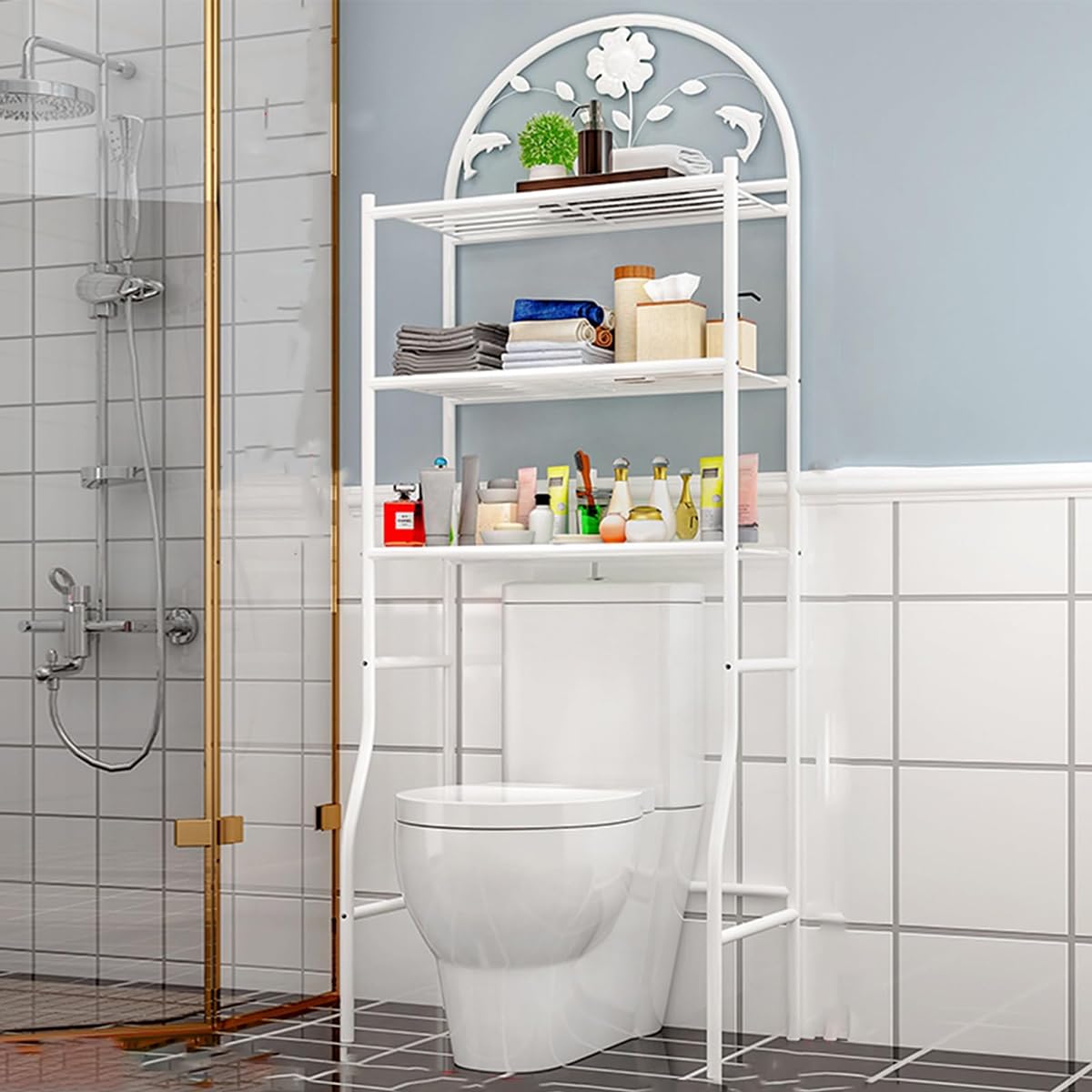 Étagère de salle de bain blanche au-dessus des toilettes avec porte-serviettes gain de place