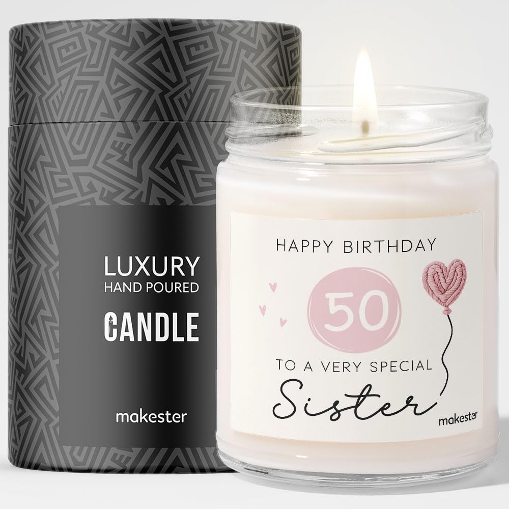 50th Birthday Gifts for Sister - Luxury Soy Wax Candle - Vanilla, Jasmine, Sugared Almond - Makester