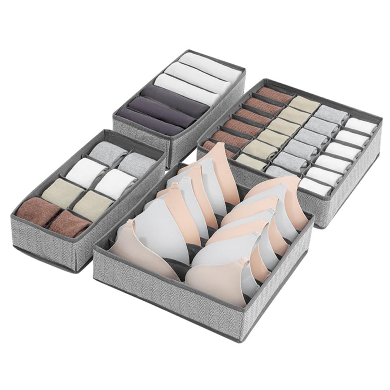 Set 4 Pezzi Divisori Pieghevoli per Cassetti Oxford e Non Tessuto Grigio Organizer per Armadio e Biancheria Intima Capacità Rinforzata Contenitori per Calzini Mutandine e