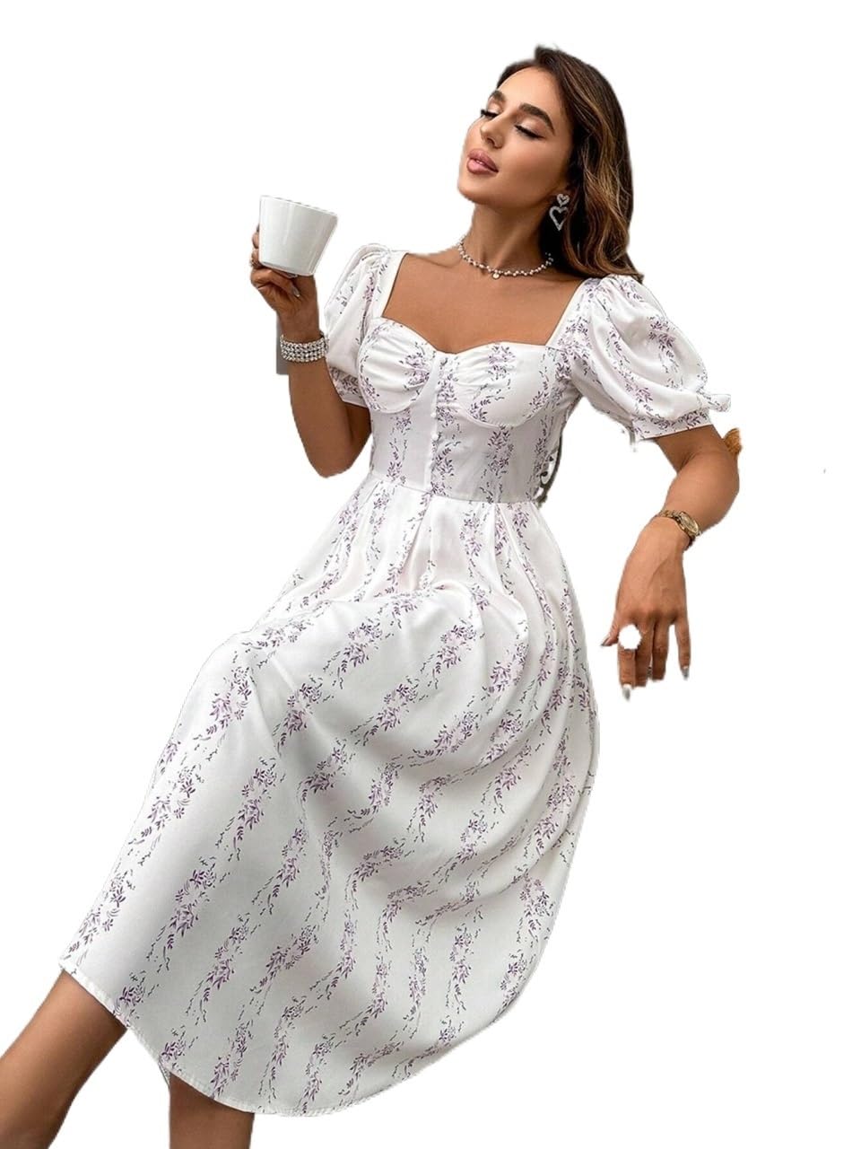 wannda floral chiffon puff sleeve dress in white Ivory Cotton Embroidered Smocked Puff Sleeve Maxi Dress, Bridal Shower Gown