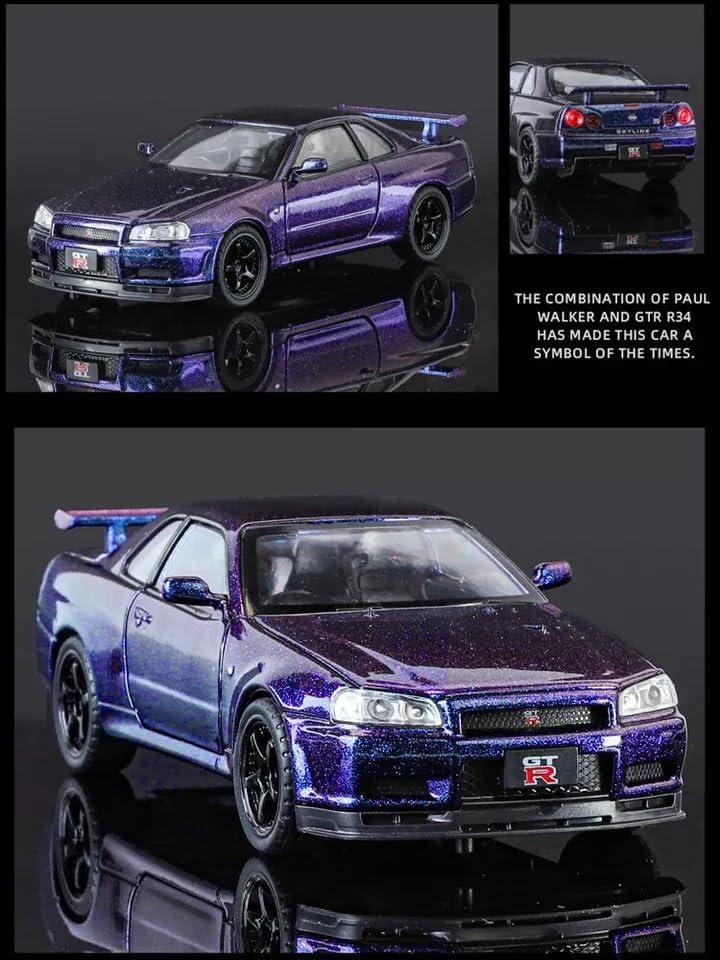 Image of 1:24 Scale Nissaan Skyline R-34 Model Alloy Metal Pull Back Toy car for Kids with Openable Doors & Light, Music Toy Vehicle for Kids (1:24 Nissaan Skyline R-34 (Purple))