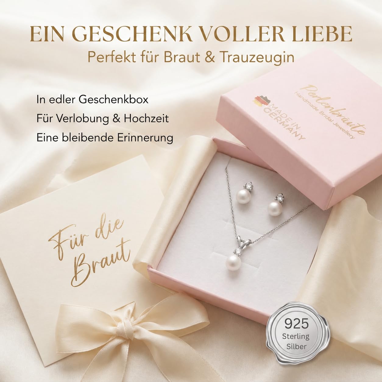 Schmuck Damen Hochzeit mit Zirkonia-Kristallen & Perlen – premium 925 Silber – hochwertiger Brautschmuck – Schmuckset Braut – Perlenohrstecker