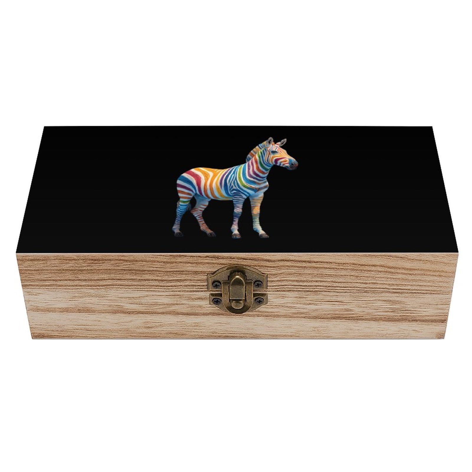 HLBSDM Zebras Rainbow Stripes Wooden Storage Box Craft Memory Keepsake Treasure Chest Box Jewelry Organizer