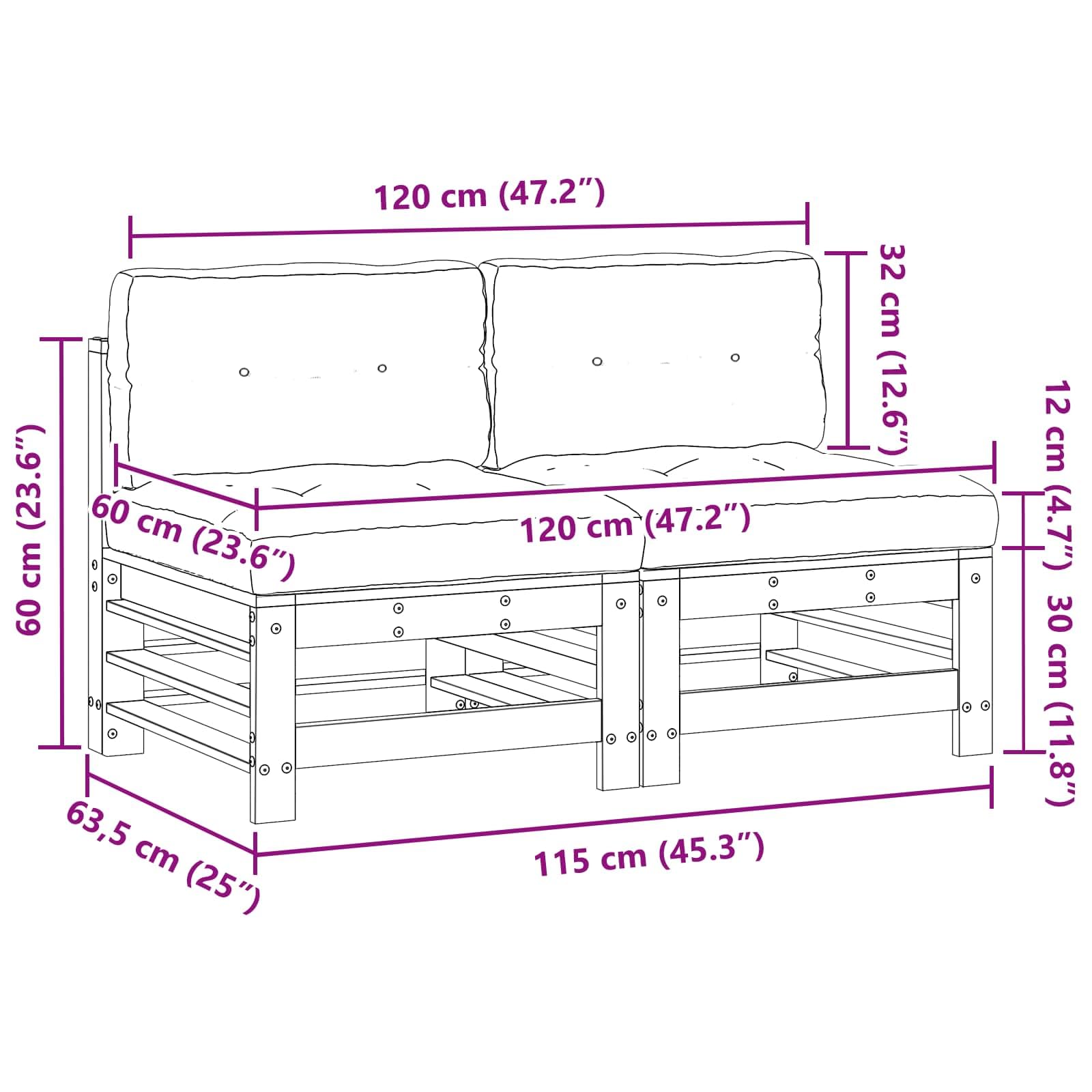 Sofá central de jardín de madera maciza de pino marrón encerado para muebles de exterior con disposición modular, tapicería resistente a la intemperie y diseño robusto para terraza, balcón y