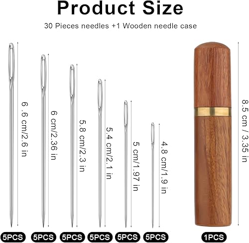 Miniatura 2 de 30 agujas de coser grandes para ojos, 6 tamaños, agujas de bordar, agujas de hilo con estuche de aguja de madera, aguja de lana de acero inoxidable