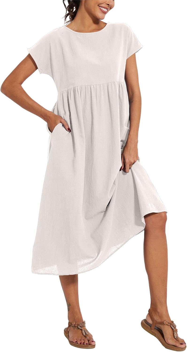 Cotton T Shirt Dresses for Women Cap Sleeve Crewneck Empire Waist Flowy Swing Summer Casual Long Maxi Smocked Dress - Image 4