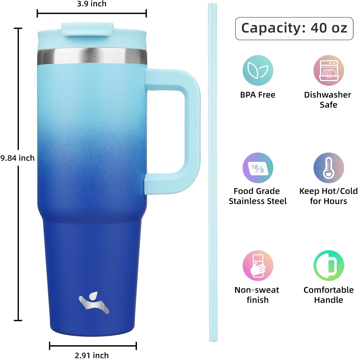 40 oz Tumbler with Handle and 2 Straws,2 in 1 Lid Insulated Water Bottle Stainless Steel Travel Coffee Mug,Sky - Image 4