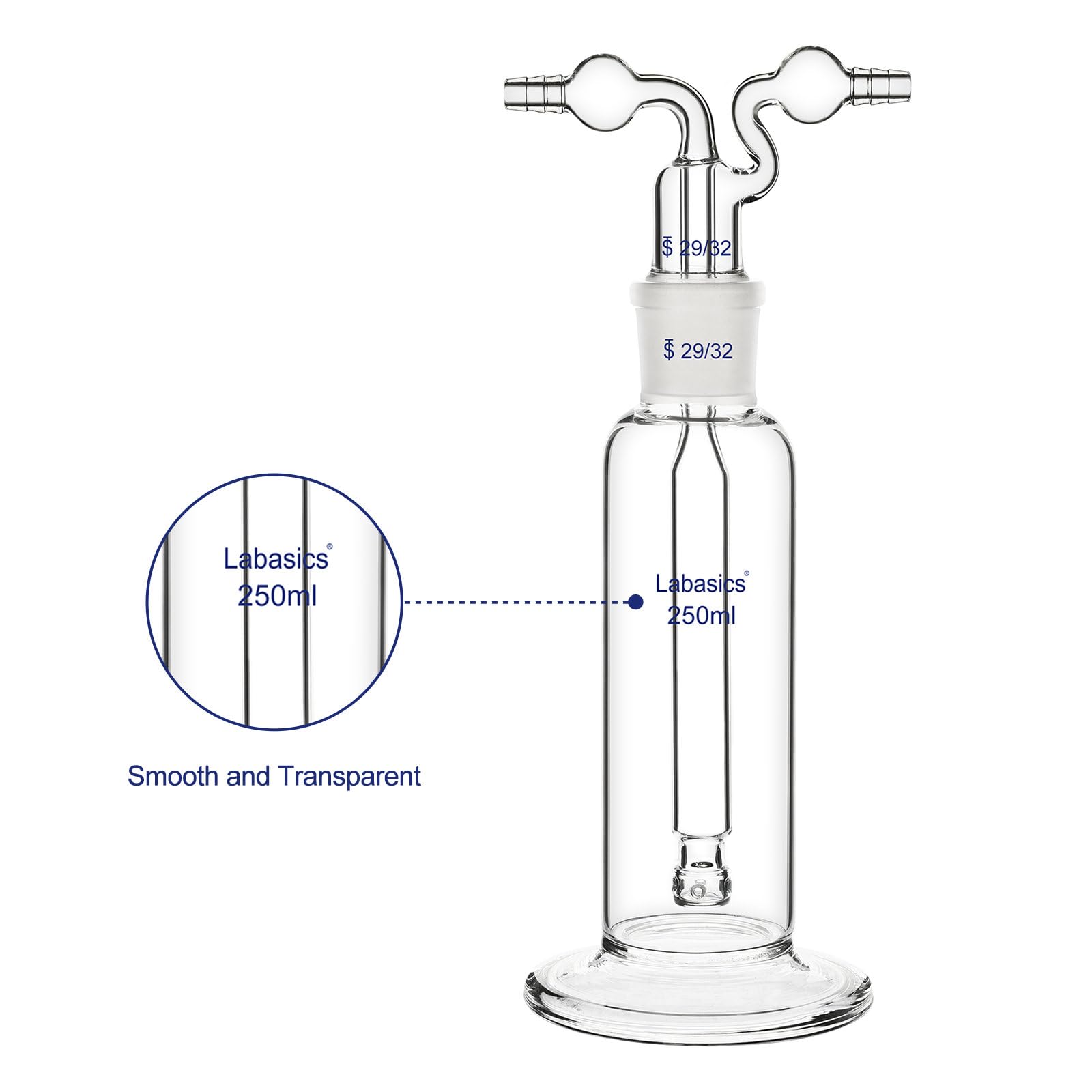 Labasics Drechsel Gas Lavado Botella, 250 ml Borosilicato Vidrio Borboteador con 29/32 Junta, Poroso Esférico Botella para Laboratorio Gas Purificación