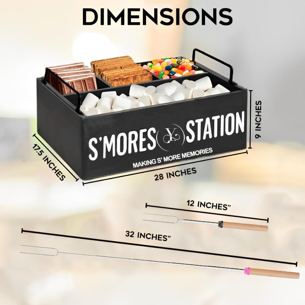 Y. S'mores Station with 2 Adjustable Forks, Farmhouse Smores Bar Holder with Handles, Smores Caddy Organizer, Smores Tray, Smores Maker Box for Kitchen, Counter and Camping, Black