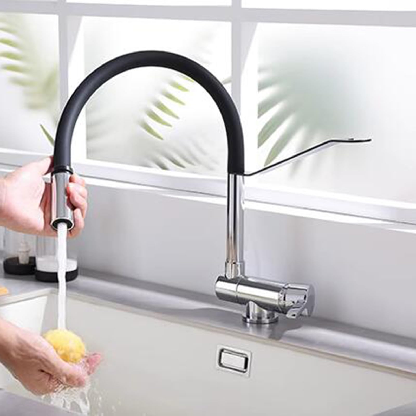 Grifo Cocina Abatible para Ventana, Grifo de Cocina Plegable Latón Agua Fría y Caliente Giro Grifo Fregadero Cocina-Cromo