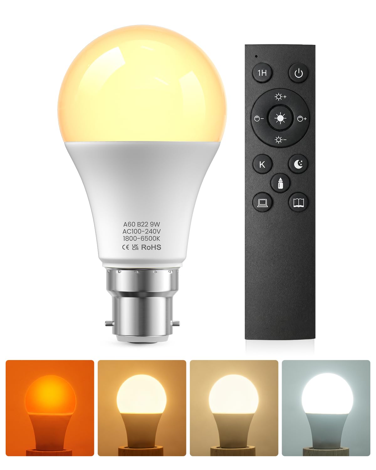 B22 Bayonet Led Bulb with Remote Control, 9W Dimmable 1800K Amber Sleep Mode to 6000K Daylight, Blue Light Blocking Night Light with Timer & Memory, A60 Dimmable Bayonet Light Bulb (1 Pack + 1 Remote)