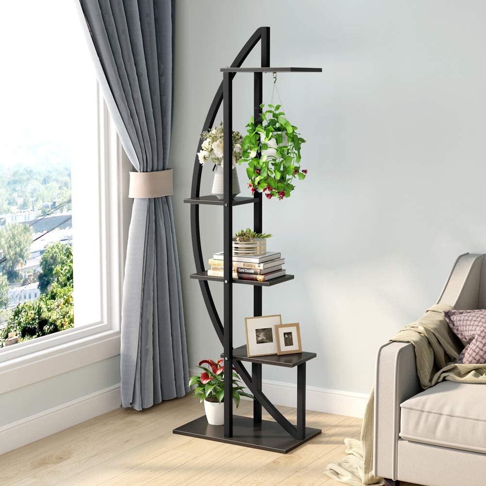 Tribesigns Blumenständer, 2 Stück Pflanzenregal mit 5 Ebenen und 2 Haken, 160cm Hoch Pflanzenständer Metall Blumenregal für Indoor Balkon Boden Blumentreppe Wohzimmer (Mattschwarz)