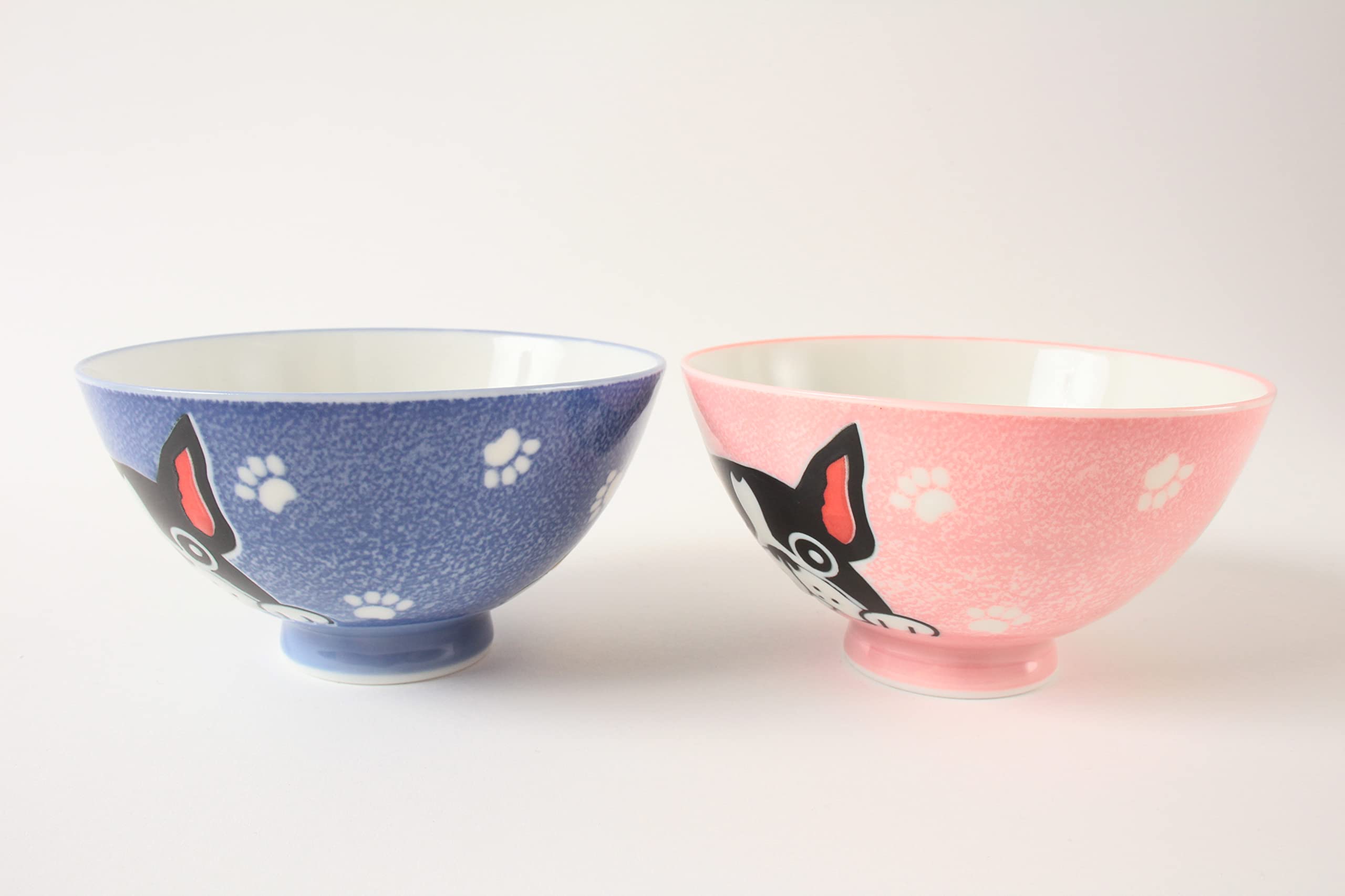 Mino ware MIG007 - Cuenco de arroz de cerámica japonesa, diseño de bulldog francés, color azul y rosa, fabricado en Japón (importado de Japón)