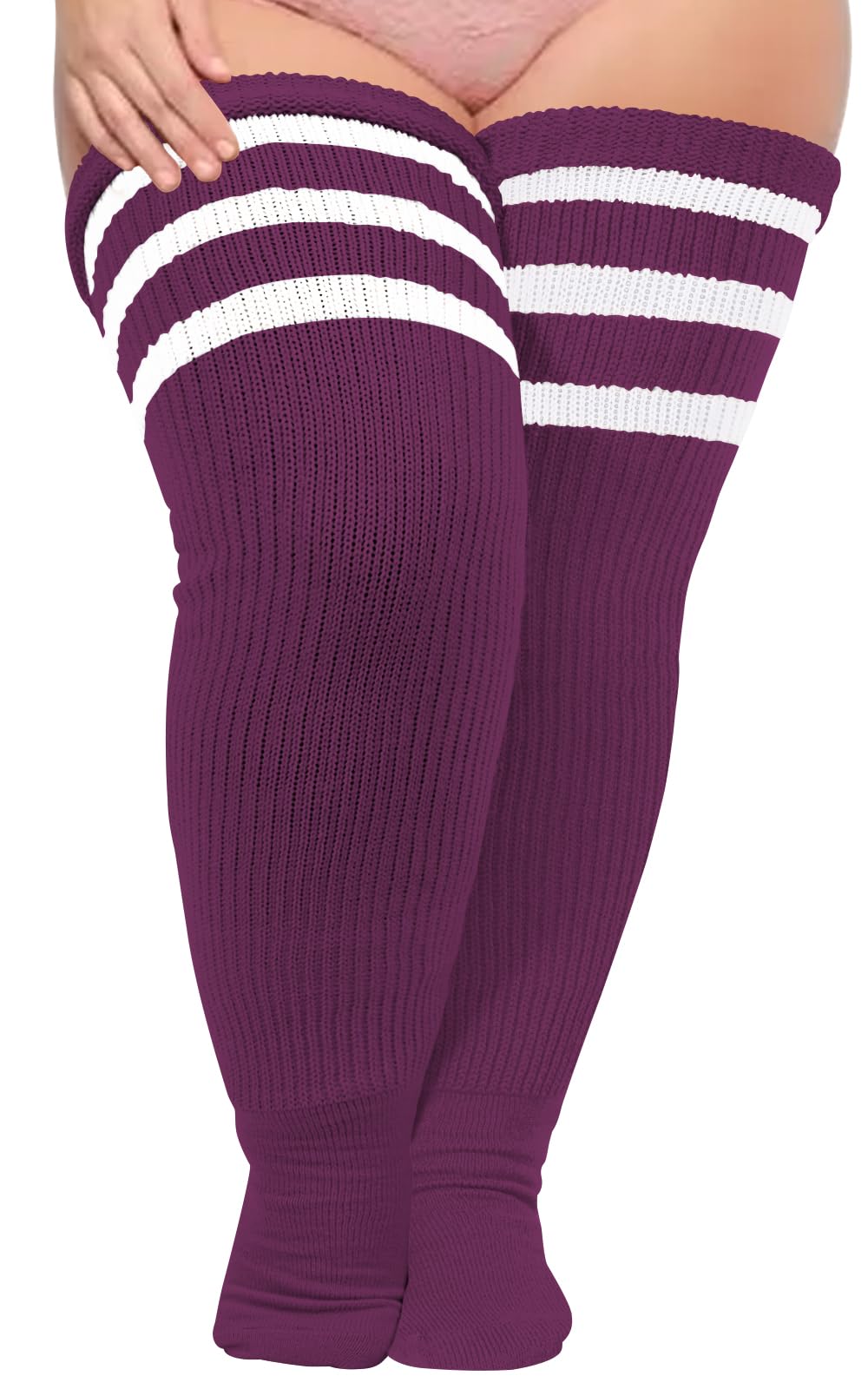 Moon Wood Oberschenkelhohe Damen-Socken für dicke Oberschenkel, extra lang, gestreift, dick, Overknee-Socken, Beinwärmer, Stiefelsocken, Weinrot und Weiß, Large