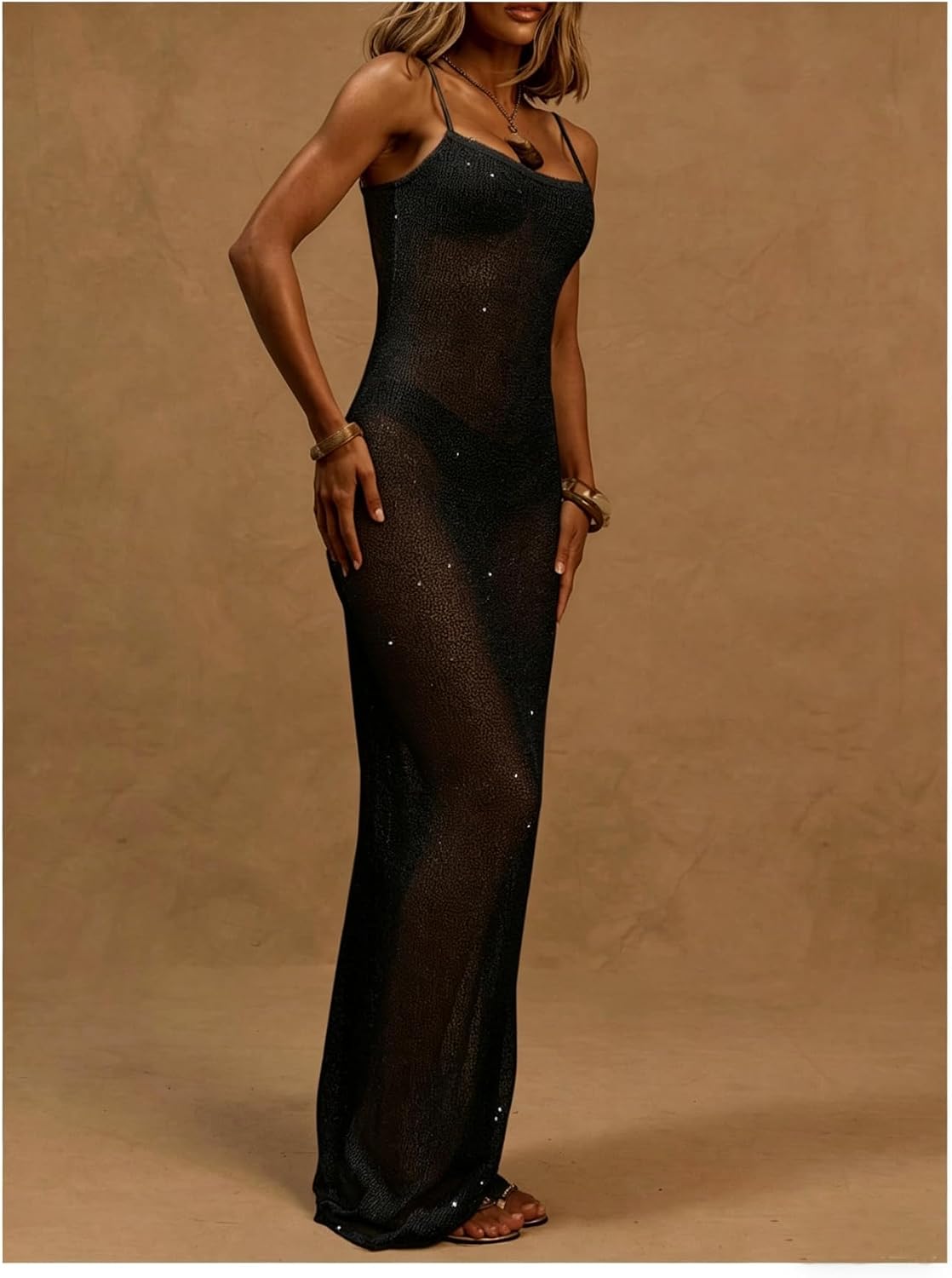 OYOANGLE Women's Crochet Cover Ups See Through Sequin Cami Dress image 4