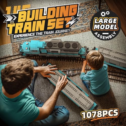 MOCBROPCS Train Building Block Set, Freight Cargo Internal Combustion Locomotive Model Building Toys, Gift for Kids Age 8+/Adult (1078 Pieces, with 32 Rails and Rechargeable Motor)